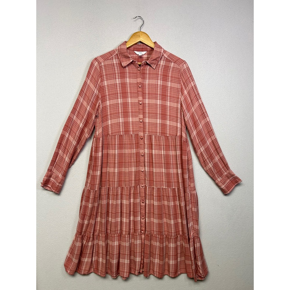 Cottagecore Boho Time and Tru Womens L 12-14 Pink Plaid Tiered Shirt Dress